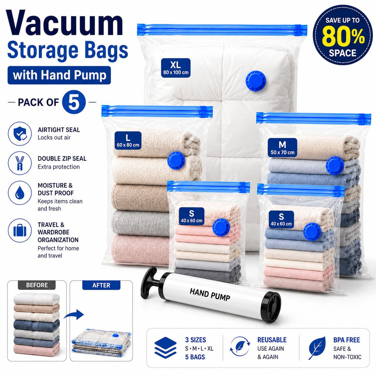 SpaceFold™ Reusable Travel Storage Bag with Vacuum Pump - Pack of 5 (2 Medium, 2 Small , 1 Large)