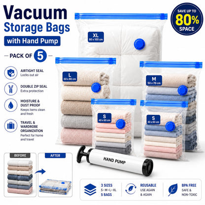 SpaceFold™ Reusable Travel Storage Bag with Vacuum Pump - Pack of 5 (2 Medium, 2 Small , 1 Large)
