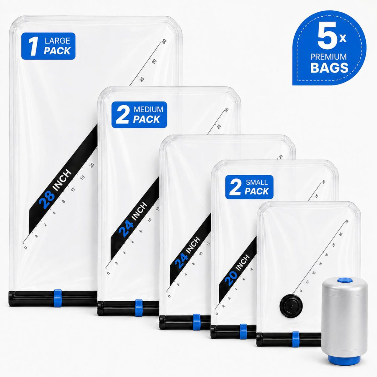 SpaceFold™ Reusable Travel Storage Bag with Vacuum Pump - Pack of 5 (2 Medium, 2 Small , 1 Large)