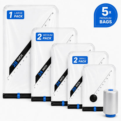 SpaceFold™ Reusable Travel Storage Bag with Vacuum Pump - Pack of 5 (2 Medium, 2 Small , 1 Large)